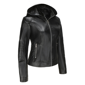 Chaqueta de cuero informal para mujer con capucha desmontable Abrigo ajustado con cremallera con cuello delgado calentado y transpirable - Product Image 3