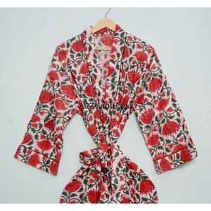 Women's 100% Cotton Free Size Floral Indian Dressing Gown Robe Hand Block red floral Kimono Bathrobe Adjustable <b>Belt</b> for Autumn - Product Image 3