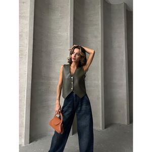 Chaleco de Mujer TOPSHOW con Botones, de Cuero Sintético, Color Marrón Sólido, Mezcla de Poliuretano y Poliéster, Sin Mangas, para Venta al Por Mayor - Product Image 5
