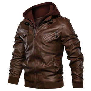 Veste de moto à capuche en cuir pour hommes Manteaux slim à fermeture éclair Vêtements d'extérieur pour motard Qualité élevée pour hommes Vestes en cuir - Product Image 4