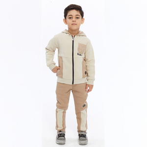 Ensemble de survêtement pour enfants en taille plus, deux pièces, fermeture éclair, pantalon de jogging à capuche, bloc de couleur, 100% coton, unisexe, beige - Product Image 1