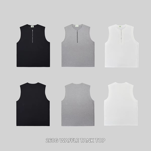 260G Wholesale OEM Custom Logo Printing Summer Sleeveless Men's T Shirts Waffle Tank Tops Plain Vests Front Zippers - Product Image 3