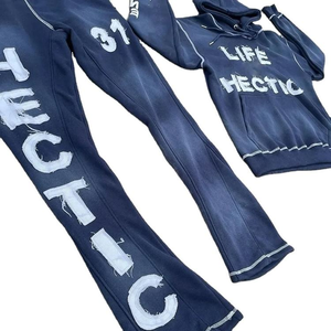 Ensemble de survêtement pour homme grande taille avec logo personnalisé, en molleton épais, sweat-shirt à capuche et pantalon de survêtement en coton délavé à l'acide, deux pièces - Product Image 5