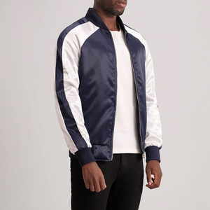 Chaqueta universitaria de invierno azul y blanca, forro de poliéster acolchado de satén, cierre de cremallera, cuello levantado, puños de punto acanalados - Product Image 1
