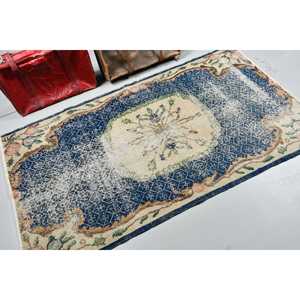 Alfombra de 3.6x6.8 pies, Alfombra Turca Vintage, Alfombra Oriental de Lana Azul y Blanca - Product Image 2