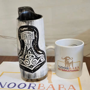 Durable Buffalo Horn Viking Horn <b>Mug</b> Engraved Thor Hammer Natural Crafts for Christmas and <b>Easter</b> Celebrations Animal Style - Product Image 3