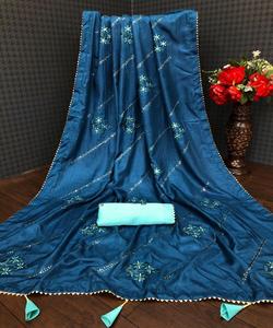 Rich Look Party Wear broderie avec miroir travail couleur verte belle dentelle bordure Saree avec chemisier non cousu nouveauté Alphanumero - Product Image 3