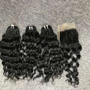 Vente en gros 3 lots Ensemble complet HD Closure 4x4 Extensions de cheveux humains ondulés à double trame de couleur noire naturelle vierge - Product Image 6