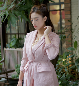 Veste décontractée à rabat pour dames Motif de carreaux Ramie Tie-Up Bouton imprimé en tissu de coton détachable pour l'hiver et l'été - Product Image 3