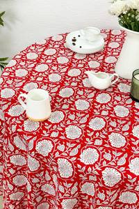 Nappe ronde en coton 100% à motifs floraux rouges, faite à la main, imprimée au bloc, pour la maison, les mariages, les fêtes et l'usage quotidien - Product Image 2