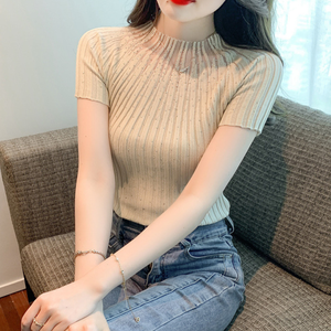 Top de punto de seda de hielo con diseño de logotipo personalizado OEM para mujer, camiseta de manga corta ajustada a la moda con tachuelas de diamantes pesados únicos - Product Image 1