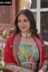 Vêtements ethniques indiens soie russe imprimée numérique avec broderie d'aluminium Zari paillettes travail Anarkali robes à manches longues pour les femmes - Product Image 6