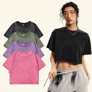 100% coton lavé haut court pour femmes ample col rond manches courtes t-shirts été décontracté Y2K rue Style Vintage - Product Image 2