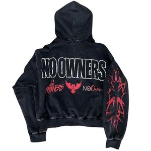 Sudaderas con capucha con cremallera de lavado ácido personalizadas 100% algodón invierno bordado de alta calidad manga completa de gran tamaño negro - Product Image 2