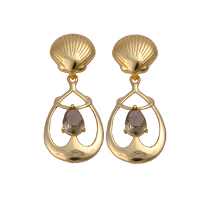 Smoky Hydro Quartz poire forme coquille concepteur boucle d'oreille pierre précieuse plaqué or Design à la mode pendants bijoux goujons - Product Image 1