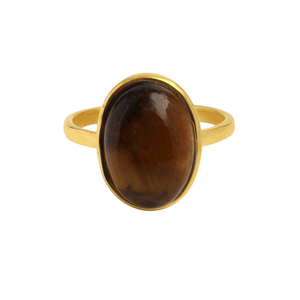 Anillo de Plata de Ley 925 con Baño de Oro de 18K y Piedra de Ojo de Tigre Marrón de 10x14mm, Joyería de Moda para Ella, Superventas - Product Image 1