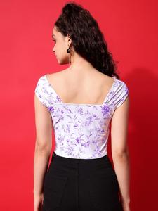 Impreso Lavanda Floral Sin mangas Cuello asimétrico Fuera del hombro Casual Western Wear Top - Product Image 2