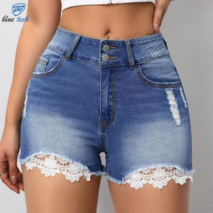 Shorts en jean bleu taille haute personnalisés pour femmes, service OEM, conception de logo personnalisé, motif décontracté tendance, lavage, respirant, séchage rapide - Product Image 2