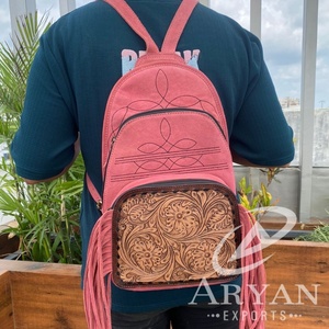 Bolso bandolera y mochila de punto de bota de cuero de gamuza rosa y con flecos, bolsas de pecho ocultas florales occidentales para mujer - Product Image 1