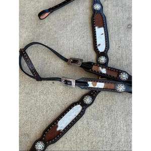 Juego de tachuelas marrón occidental de cuero cortado a mano con acabado superior con brida de tamaño de caballo y accesorios de hebilla a prueba de óxido para carreras de caballos - Product Image 2