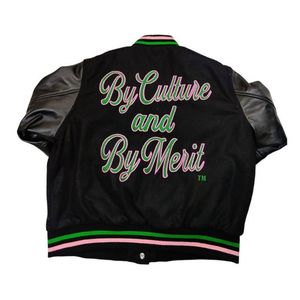 Alias giacca Varsity Cropped Black Wool maniche in pelle di ciniglia rosa verde ciniglia abbigliamento greco Custom Divine nove - Product Image 2