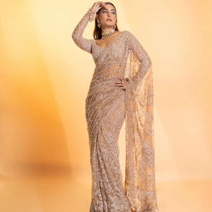 Magnifique sari en georgette avec travail de séquence et bordure en dentelle de séquence, sari de mariage, sari de soirée de créateur - Product Image 1