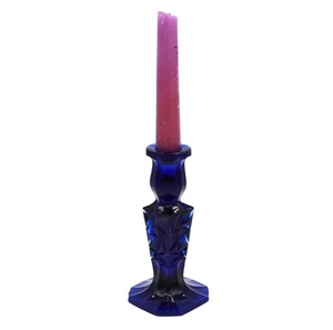 Trendy Vintage <b>Glass</b> <b>Candlestick</b> Cobalt Blue Ultramarine Cut Crystal Lead Cut Engraving <b>Candlestick</b> Print Handmade - Product Image 1