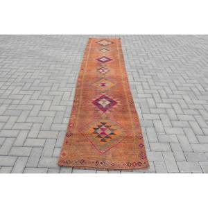Tapis Kilim Orange Fait Main 2.6X11.2 ft Turc Jacquard Plat Armure Viscose Couloir Rectangle Peluche Pile Tressé Technique - Product Image 1