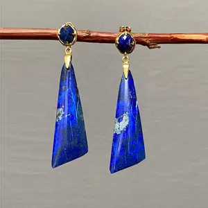 Women's Bohemian Style 18k Gold Plated Earrings Natural Blue Lapis Lazuli Gemstone Water Drop Design Fashionable Fine Jewelry