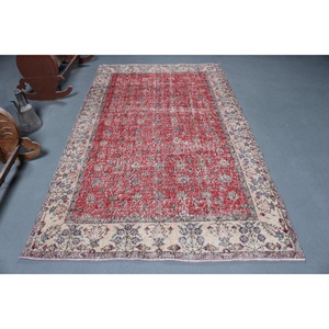 Grand tapis turc de 5x8,5 pieds, tapis vintage, tapis persan en laine rouge et bleu - Product Image 1