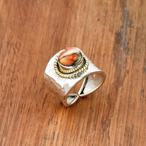 Oyster Copper Turquoise <b>Ring</b> with Round Gemstone and Hammered Wide Band in Sterling Silver - Product Image 3