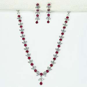 Ayushi 925 Silver <b>Necklace</b> Set & Earrings Semiprecious Delicate <b>Ruby</b> & Zircon Flower Petal for Weddings - Product Image 1