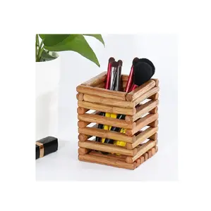 新的低价装饰木制笔筒方形木制铰链设计您的多功能书桌组织者来自印度供应商