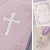 Diario de Oración LABON Lavender con Cubierta de PU Suave con Cruz Plateada en Relieve y Cinta de Encaje, Elegante Libro Devocional para Cristianos