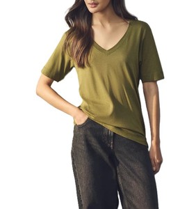 Nouvelle mode demi-manches femmes T-Shirt dernière conception confortable coupe ample col en V vêtements d'été utilisation en plein air couleur vert olive - Product Image 1