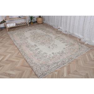 Tapis vintage 5,9x9 pieds, grand tapis turc, tapis en laine gris rose à motifs floraux - Product Image 2