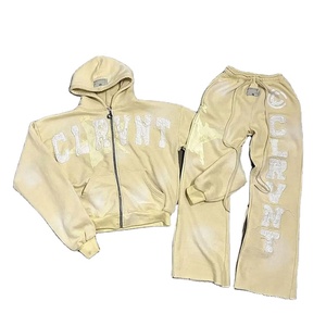 Costumes de jogging sérigraphiés personnalisés ensemble de pantalons de survêtement et sweat à capuche évasés 2 pièces survêtements délavés à l'acide vintage unisexes pour hommes - Product Image 1