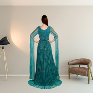 Luxury Hand Beaded Emerald Green Evening Gown with Cape Sleeves <b>Sequin</b> Embellished Formal Dress for Wedding Galas and Red Carpet - Product Image 5