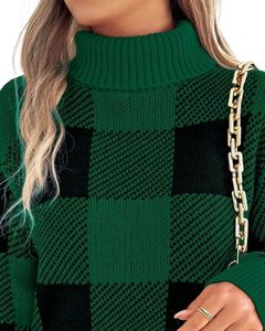 Customized Women Green Black Checkered <b>Turtleneck</b> Sweater Winter Warm Knitted <b>Long</b> <b>Sleeve</b> Casual Pullover Fashion <b>Top</b> For Ladies - Product Image 4