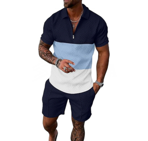 Chándal de verano para hombre, conjuntos de pantalones cortos de 2 piezas, chándal de manga corta, trajes 1/4 Zip Golf Polo empalme camisas a rayas - Product Image 2