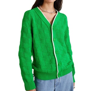 Suéter Cárdigan de Manga Larga con Botones Delanteros, Estilo Casual de Invierno para Mujer, 100% Algodón, Cuello en V, Diseño a Cuadros, Personalizado OEM y ODM - Product Image 3