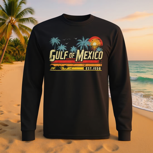 T-Shirt a Maniche Lunghe Stile Vintage con Motivo Golfo del Messico, Maglietta Promozionale da Spiaggia Retrò - Product Image 3