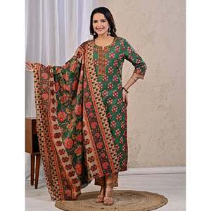 Green Butta <b>Block</b> <b>Printed</b> Cotton Kurta Pant Set with Mulmul Dupatta Pakistani Style Ethnic Net for Party Wear - Product Image 5