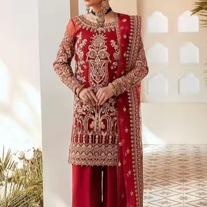 2024 Designer Heavy Embroidery Crystal Glass Beads Dabka Work Latest Party Wear Kurta Plazo Dress Decorated Lace/Button Chiffon - Product Image 1