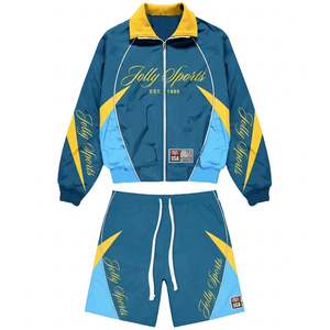Premium Polyester Windbreaker Women Short Set Teal Blue <b>Yellow</b> Panel Design Custom Print Logo Windbreaker Shorts Set for Men - Product Image 1