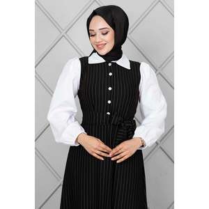 Robe Hijab Rayée Manches Élastiques Noir - Product Image 3