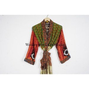 Kimono de Seda Floral Bohemio Vintage para Mujer, Estilo Patchwork de Verano, Cuello en V, Cordón Ajustable, Largo Completo, Ropa de Dormir/Bata - Product Image 2
