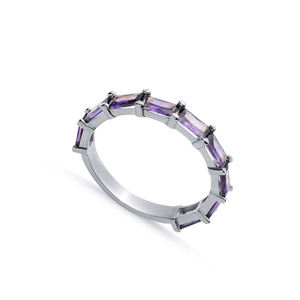 Amethyst Round Stone Design Band <b>Ring</b> Turkish Handmade Rhodium Plated 925 Sterling Silver Wedding Jewelry - Product Image 2