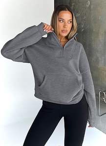 Sweat à capuche surdimensionné confortable pour femme ourlet réglable demi-fermeture éclair sweat avec logo personnalisé élégant coupe décontractée vêtements de salon pour l'hiver - Product Image 2