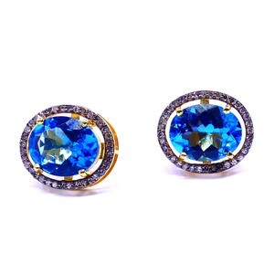 ต่างหูเงิน Vermeil สเตอริ925คลาสสิกพลอยบุษราคัมอัญมณีเพชรชุดครบรอบแต่งงานของผู้หญิงกระดุมชุบทอง - Product Image 1